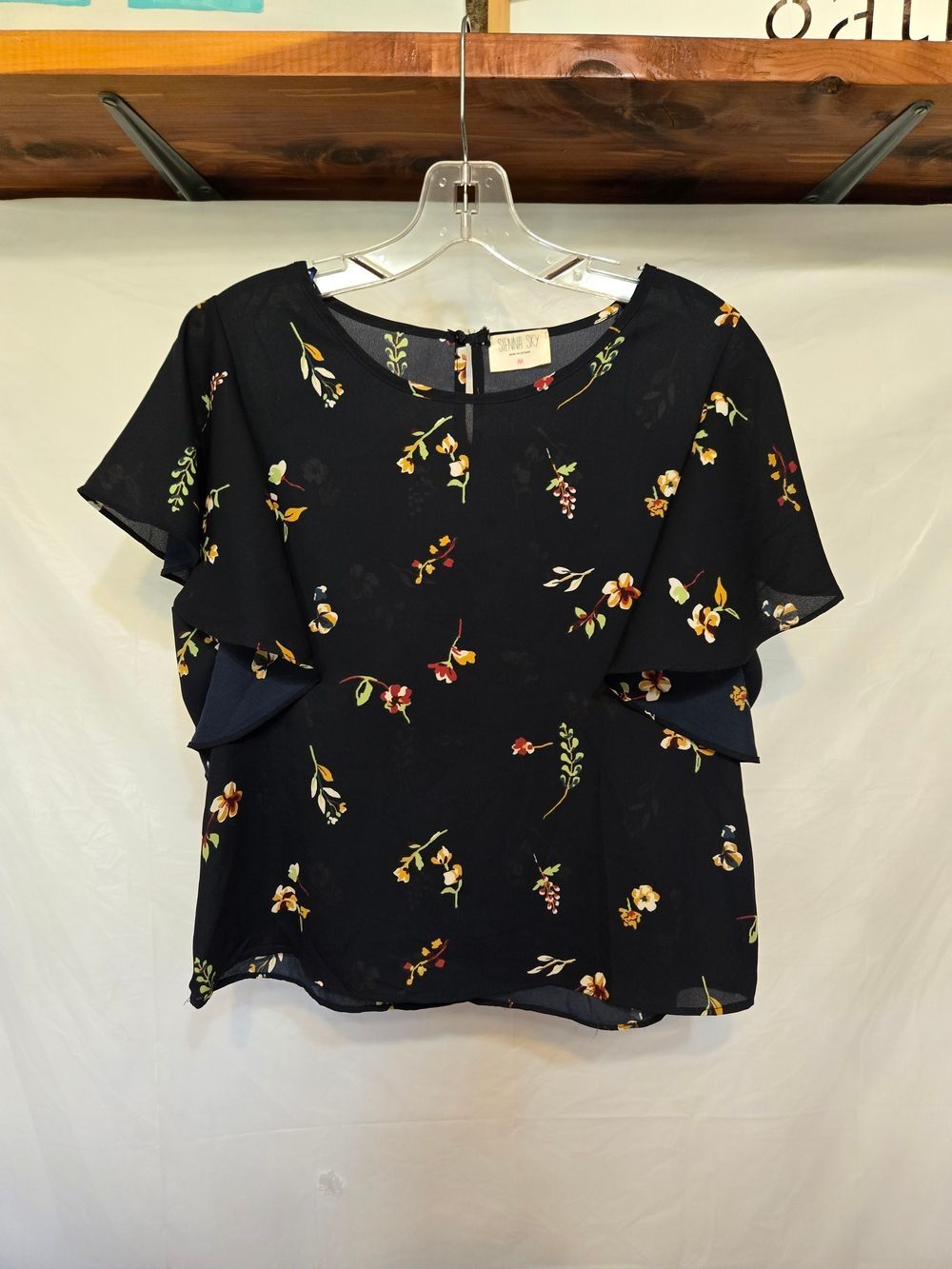 Sienna Sky Sheer Floral Ruffle Sleeve Blouse - Navy